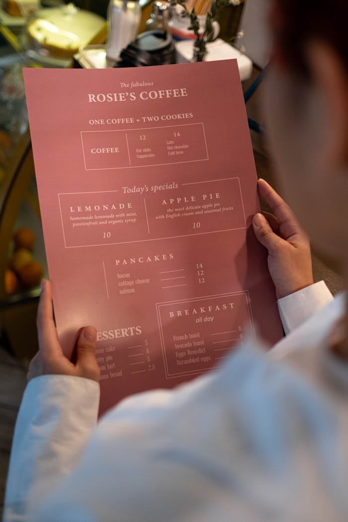 A person holding a menu from Rosies Coffee showing various food and beverage options.